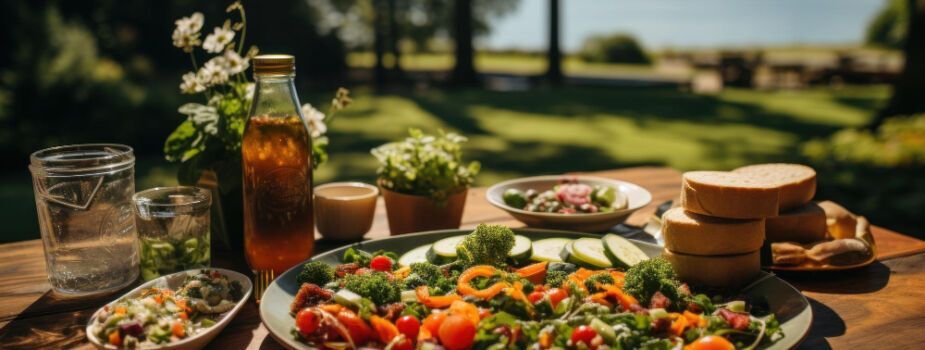 Repas au bord de l'eau, salade et plats bons pour la santé. Freepik