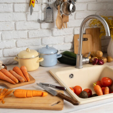 Légumes qui trainent sur la table et dans l'évier à température ambiante.